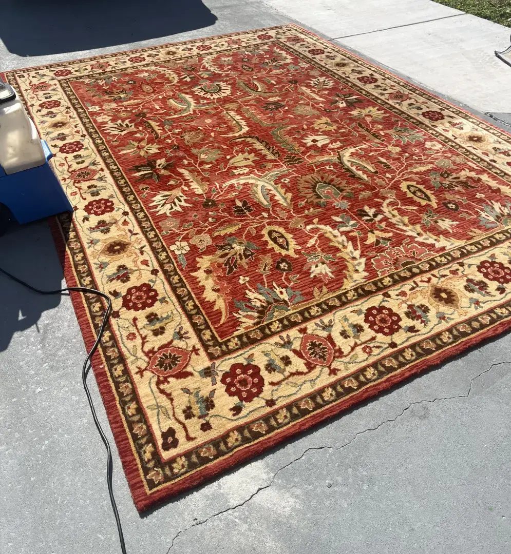 How Can Professional Rug Cleaning Restore the Beauty of a Decorative Area Rug? Large decorative floral area rug with earthy tones laid out on a driveway during professional rug cleaning in Dunedin FL
